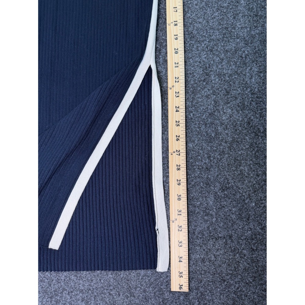 Zara Knit Navy Blue Ribbed Maxi Skirt with White Side Stripe Slit Size Small - Picture 6 of 8